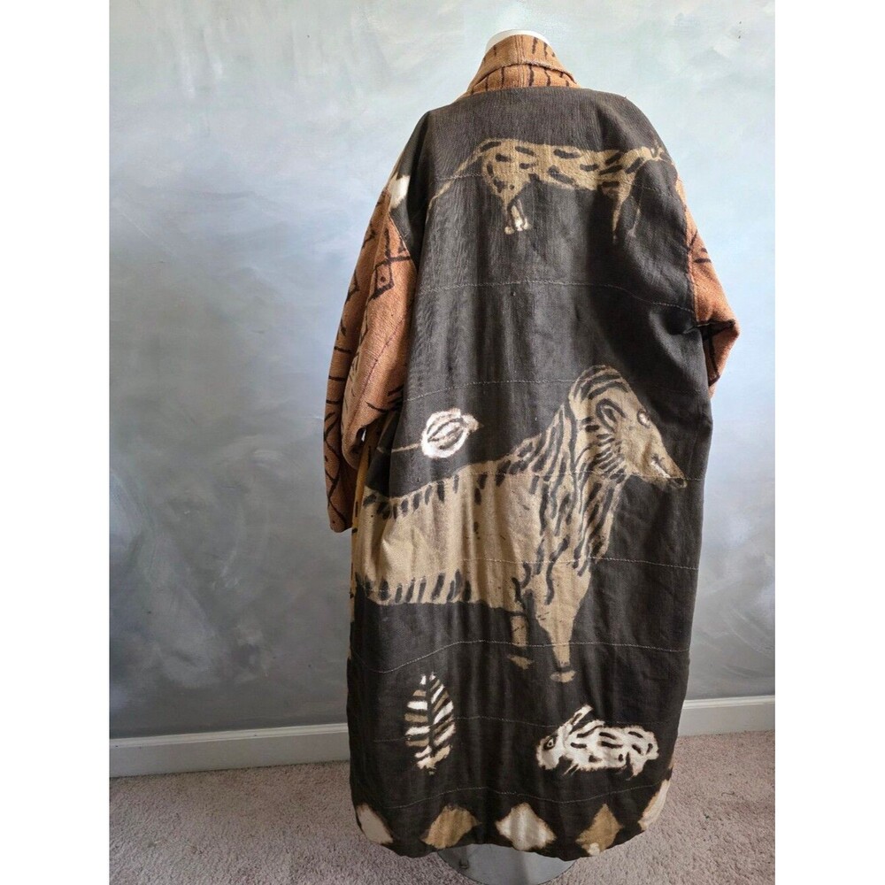 Full Length Mudcloth Open Front Jacket Unique Animal Motifs Shawl Collar Lined